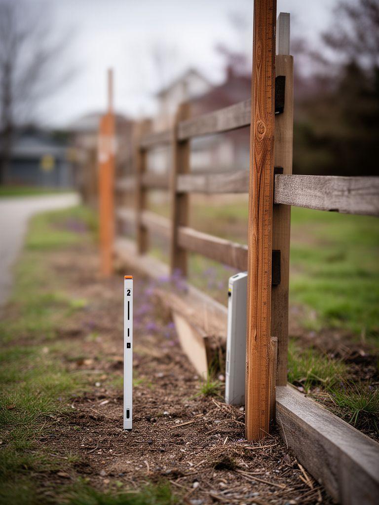 Survey stake beside a wooden property fence at a Toronto residential lot edge with measured markings visible