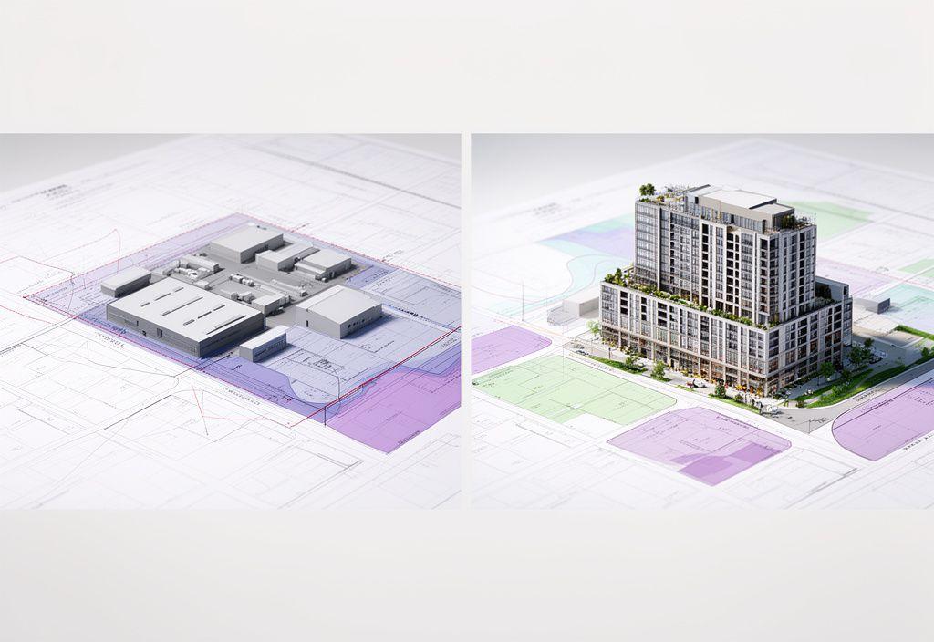 Before and after concept sketches of a Toronto industrial lot transformed into a mixed-use mid-rise building with zoning boundaries marked