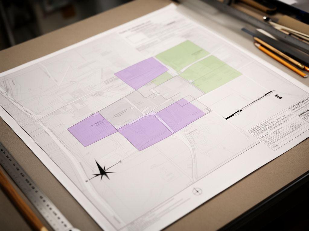 Redacted legal map sample board with boundary annotations, north arrow, and highlighted parcel relationships on a drafting table
