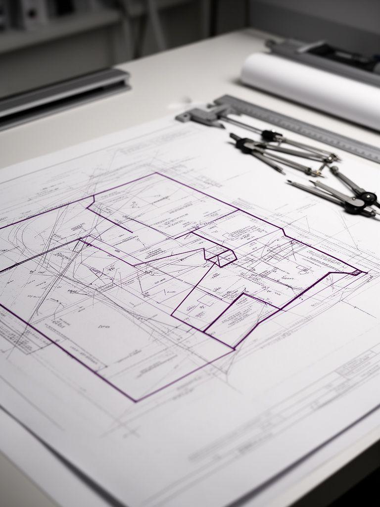 Detailed legal map with parcel lines, survey notations, and coordinated property references on a drafting desk