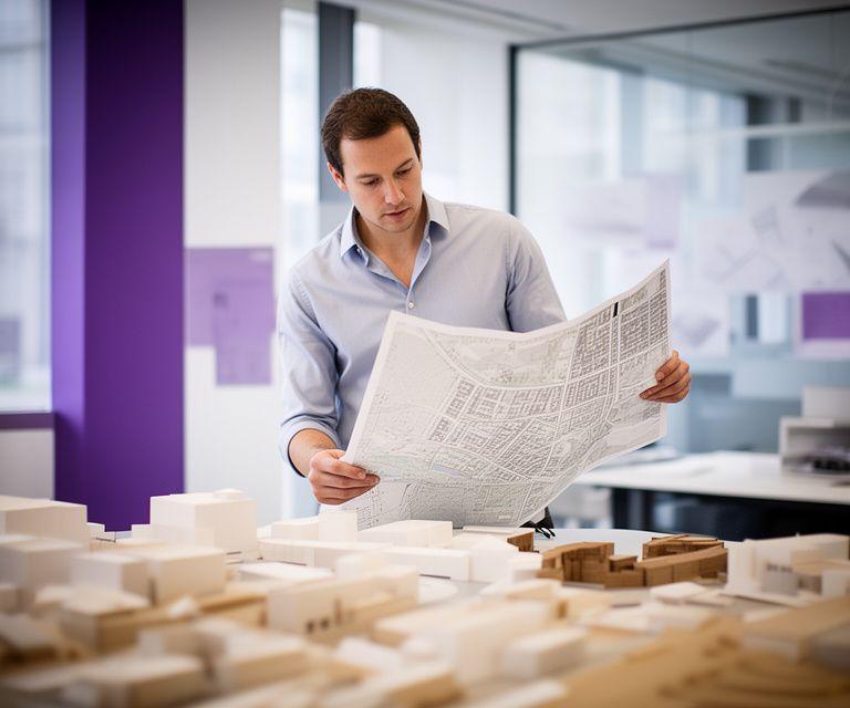 Planning consultant reviewing a zoning map beside a scaled site model in a bright office