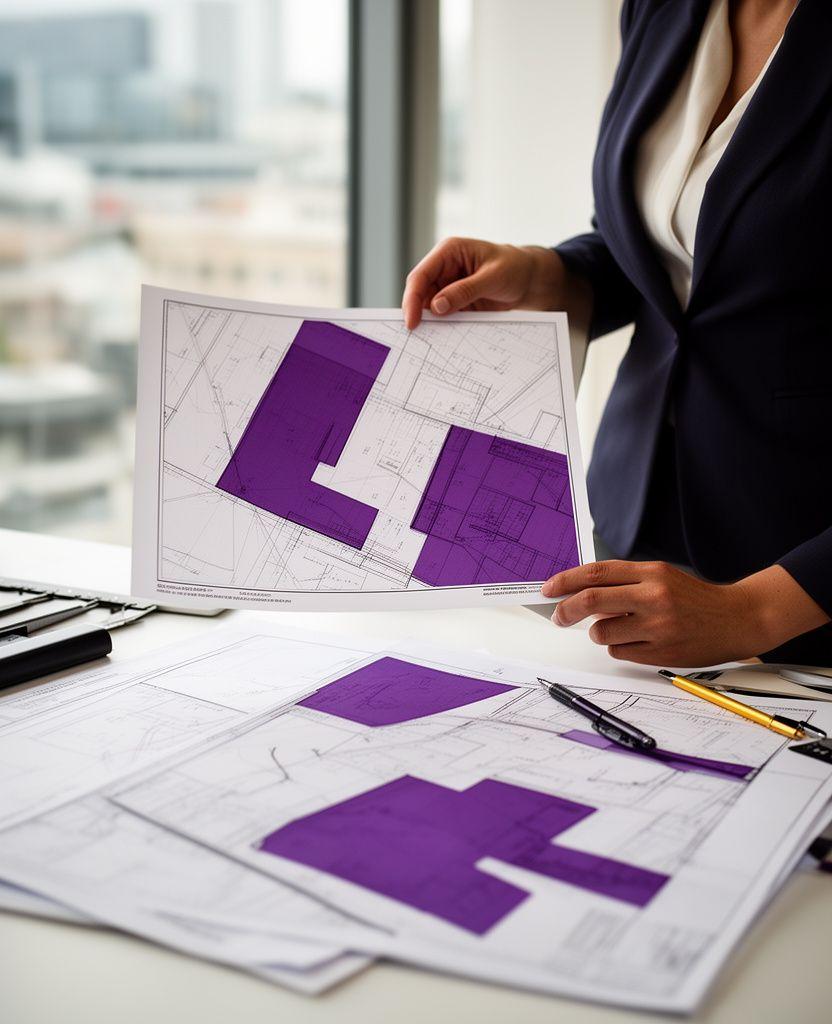 Legal cartographer reviewing a boundary exhibit beside annotated plan sheets in a bright Toronto office