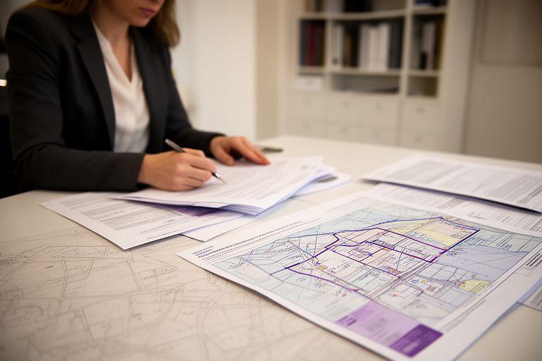 Legal consultant reviewing a property map beside marked boundary plans in a calm Toronto office
