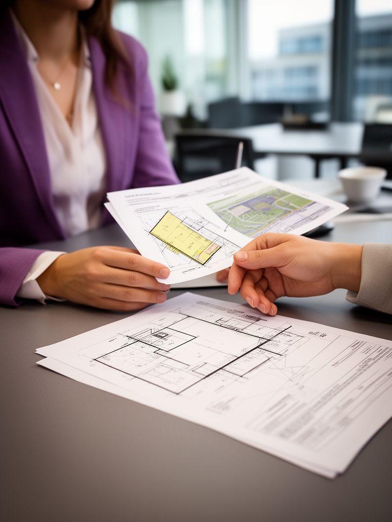 Property law professional reviewing boundary plans beside a desk with annotated survey sheets in a modern Toronto office