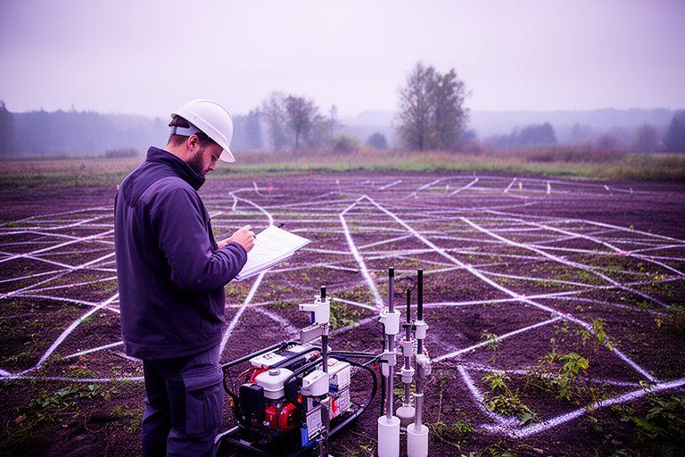 Environmental consultant reviewing soil sampling equipment beside a marked field grid on an Ontario site